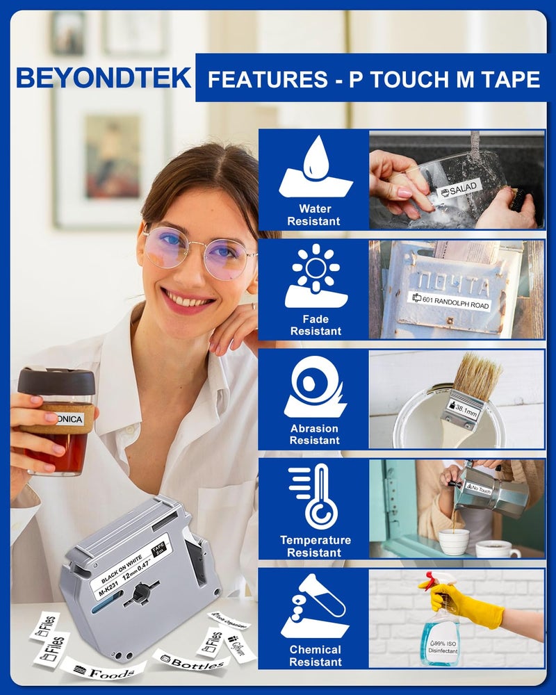 BEYONDTEK M-231 Work for Brother M-k231 Label Tape White Replace with Brother M-k231s Tape 12mm 0.47 White Non-Laminated 0.47" x 26.2' (12mm x 8M) P Touch Label Maker for PT-M95 PT-65 PT-70BM PTM95 PT-90 PT-85 - Image 3